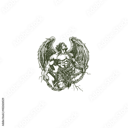 Powerful angel breaks free from the bonds of chains design vector template illustration