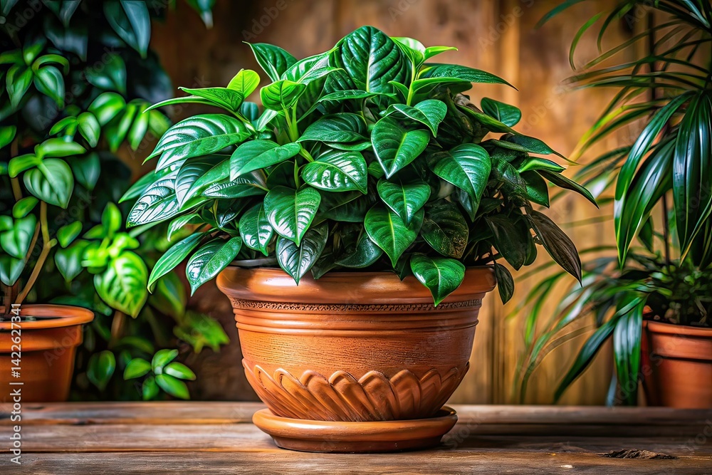 Fototapeta premium Elegant Terracotta Potted Plant, Lush Green Foliage, Fashion Photography
