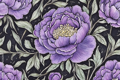 Elegant Purple Peony Floral Seamless Pattern Watercolor Botanical Illustration