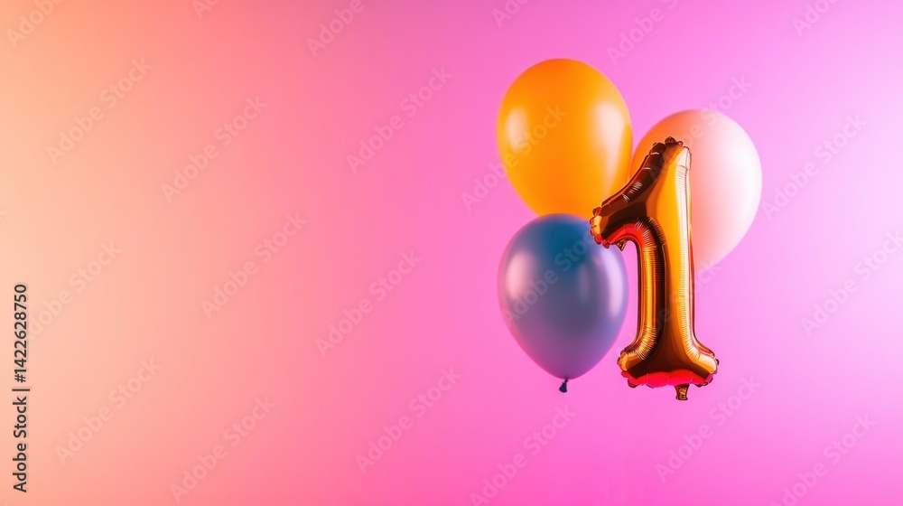 Bright balloons in orange, yellow, and blue float against a colorful backdrop, symbolizing a joyful first birthday celebration