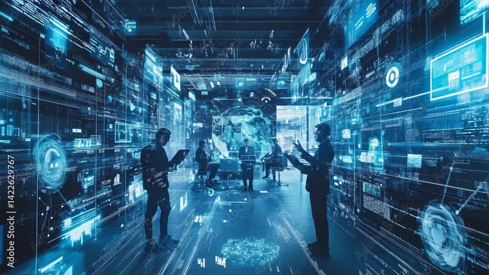 Futuristic server room with data streams, information display, and business people Futuristic server room with data streams, information display, and business people