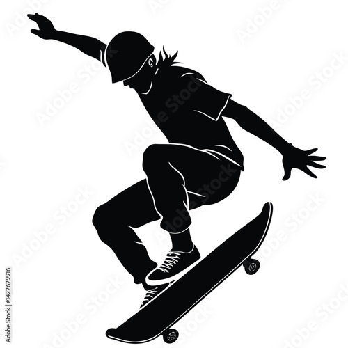 Skateboarder Silhouette Vector: Extreme Sports, Skateboarding Trick, Action Shot, Black and White Graphic, Skate Park, Urban Culture