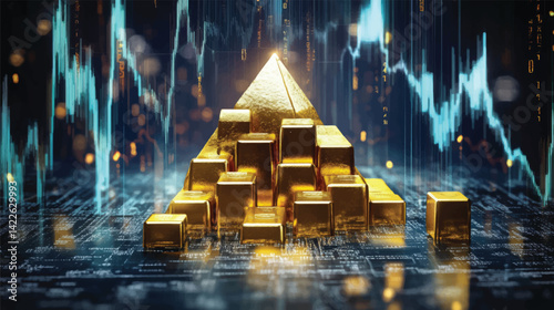 Golden Pyramid with Financial Chart Background.