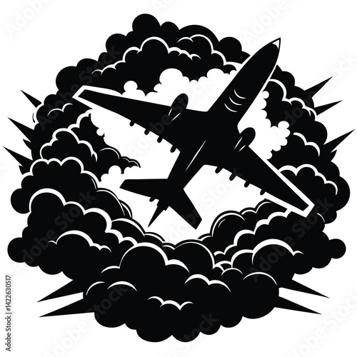 Airplane Silhouette in Stormy Clouds Vector Graphic | Aviation Art, Black and White Illustration, Travel & Weather Icon
