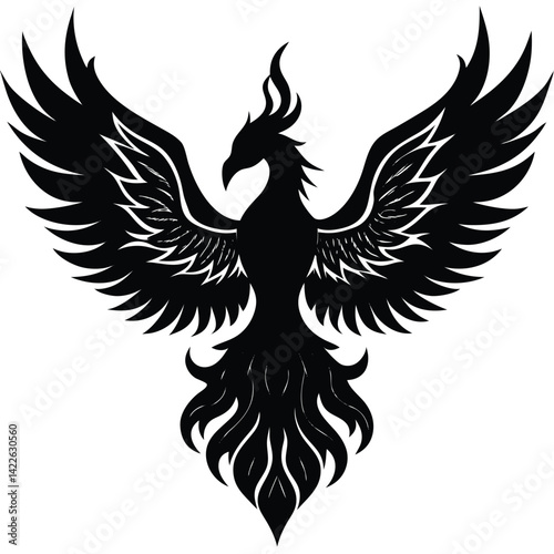 Black Phoenix Rising Tattoo Design: Mythical Bird Illustration, Firebird Graphic, Vector Art, Symbol of Rebirth and Transformation
