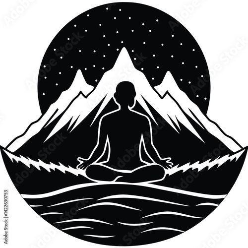 Yoga Meditation Silhouette: Peaceful Mountain Landscape, Starry Night, Serene Lotus Pose, Black and White Vector Illustration