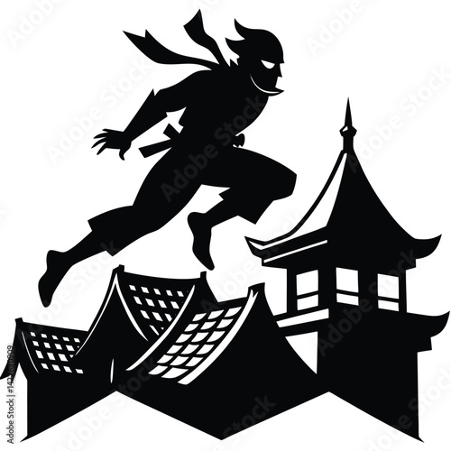 Ninja Silhouette Leaping Across Pagoda Roofs - Vector Illustration of Stealthy Warrior in Action, Asian Architecture, Martial Arts Theme
