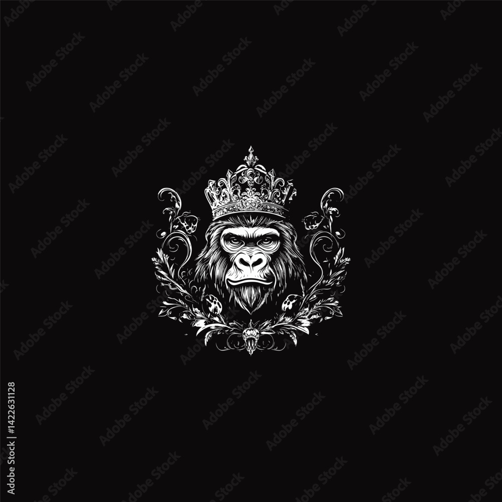 Obraz premium Royal gorilla with crown engraving design vector template illustration