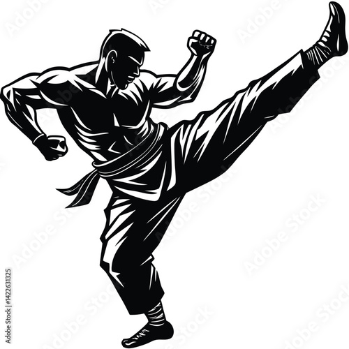 Martial Arts Kick Illustration: Strong Man in Karate Stance, Black and White Vector Image for Sports, Fitness, and Self-Defense Designs