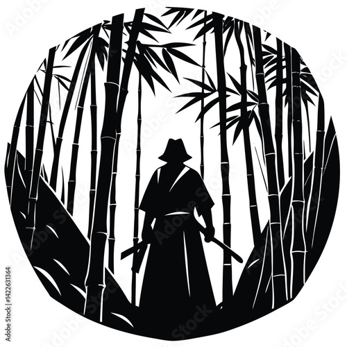 Samurai Warrior in Bamboo Forest: Silhouette Illustration of Japanese Swordsman in Bushido Style, Martial Arts Design