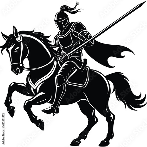 Black and White Knight on Horseback Vector Illustration: Medieval Warrior with Lance, Jousting Silhouette, Fantasy Art, Equestrian Design