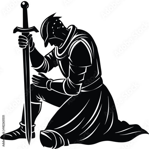 Kneeling Knight in Armor with Sword Vector Illustration: Medieval Warrior Graphic, Silhouette Art, Fantasy Character, Dark Ages Icon