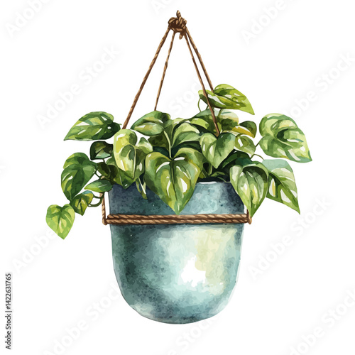 watercolor of Hanging Ceramic Bell Planter, vector, isolated on a white background.