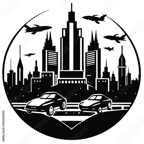 Futuristic Cityscape Vector Illustration: Black and White Skyline with Flying Cars and Modern Architecture Graphic Design