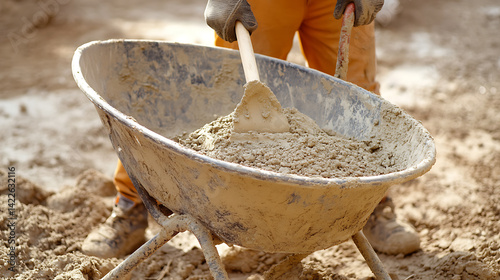 Construction Worker Mixing Cement in a Wheelbarrow