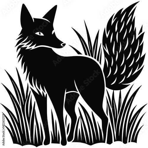 Black & White Fox Illustration: Silhouette of a Fox Standing in Grass, Wild Animal Art, Vector Graphic, Nature Illustration