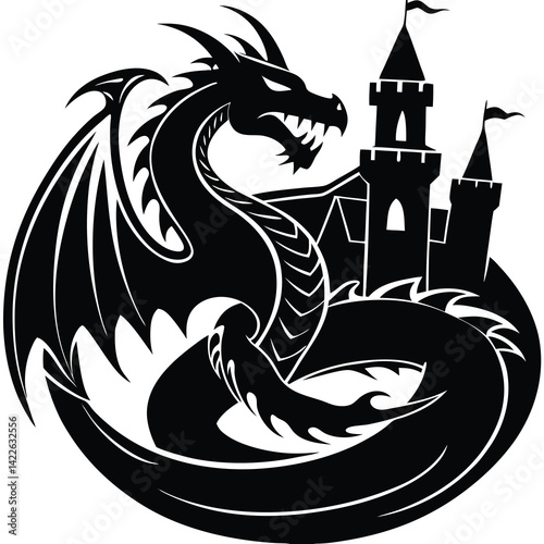 Black Dragon Castle Vector Art: Fantasy Dragon Illustration, Medieval Castle Silhouette, Mythical Creature Graphic Design