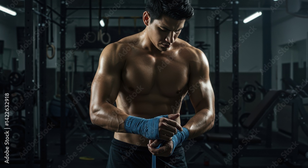 Muscular man wrapping blue hand wraps in a modern gym with weight machines Muscular man wrapping blue hand wraps in a modern gym with weight machines