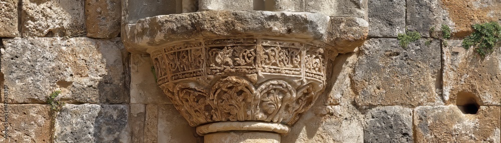 Ancient stone capital building, weathered facade showing age - ruins facade building weathered