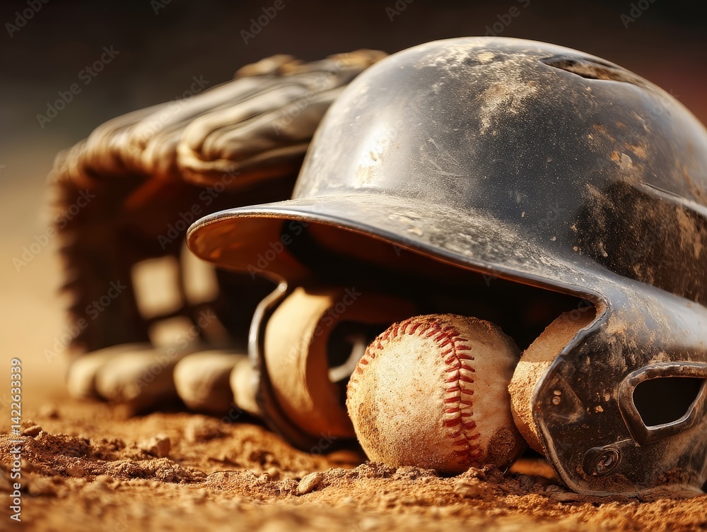 Baseball glove and helmet on dusty field, sun-baked clay visible - cracked sunlight outdoor
