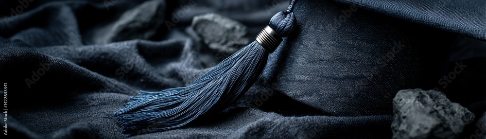 Black graduation cap with tassel, square academic style, deep shadows - material still shadow dark regalia