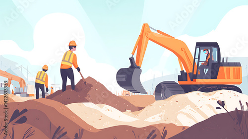Obraz na płótnie Construction Workers Operating Heavy Machinery w salonie