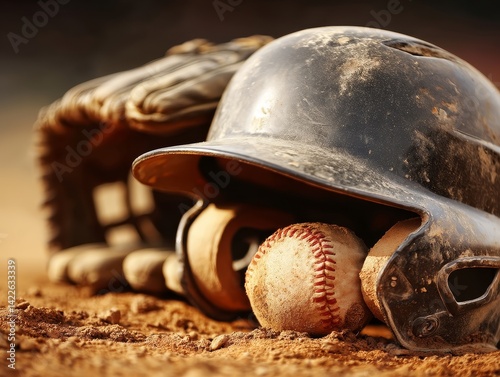 Obraz na płótnie Baseball glove and helmet on dusty field, sun-baked clay visible - cracked sunlight outdoor w salonie