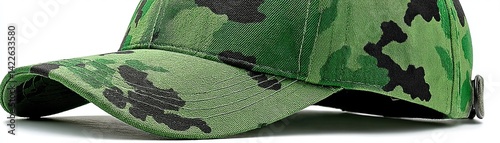 Obraz na płótnie Green baseball cap with a camouflage pattern, adjustable strap, durable fabric - fall fashion adventure w salonie