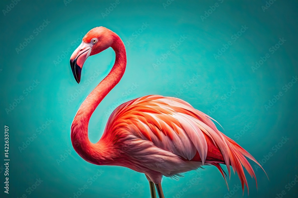 Obraz premium Flamingo Product Photography, Pink Bird, Avian Beauty, Decorative Bird, Feather Detail, Elegant Flamingo, Wildlife Photography, Exotic Bird, Tropical Bird, Bird Portrait, Close-up Flamingo, Na