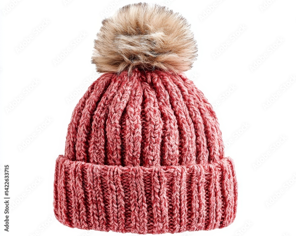 Pink fluffy beanie, pom pom accent, soft fleece lining, adorable - outdoor adorable crocheted knit warm