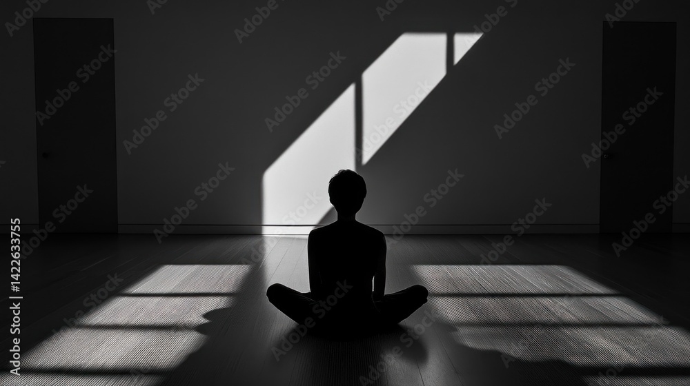 Silhouette of a person meditating in a dimly lit room. Silhouette of a person meditating in a dimly lit room.
