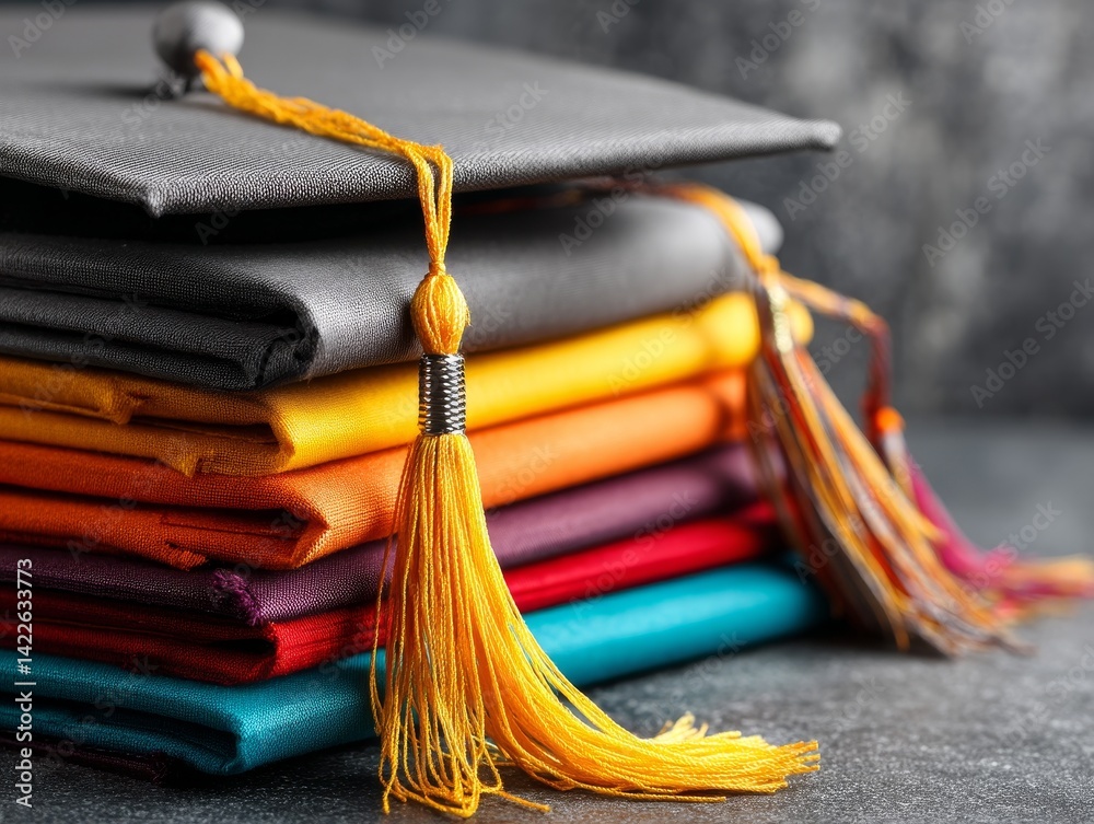 Stack of graduation caps with colorful tassels, ready for the ceremony - aspiration college degree