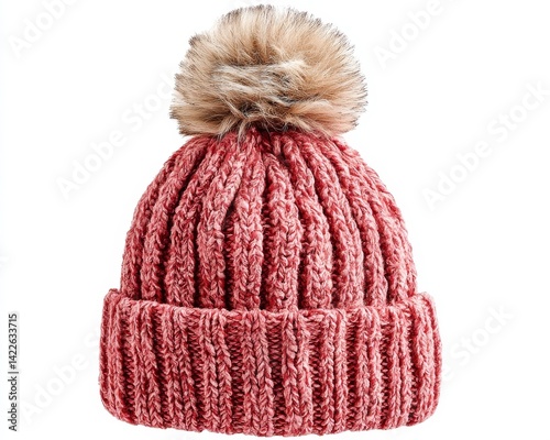 Obraz na płótnie Pink fluffy beanie, pom pom accent, soft fleece lining, adorable - outdoor adorable crocheted knit warm w salonie