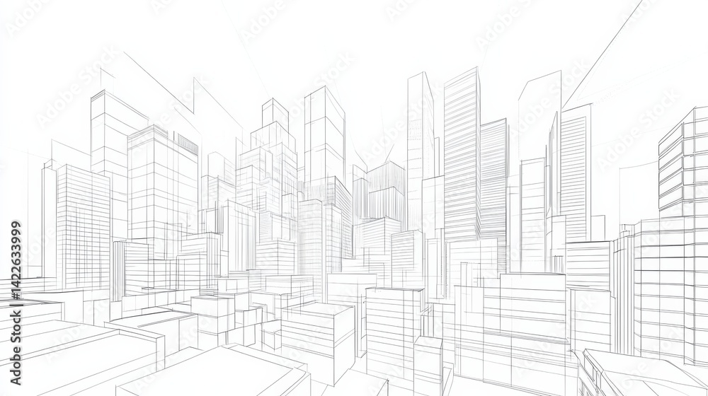 Fototapeta premium Continuous line drawing of modern urban architecture with apartment buildings and panoramic cityscape. Minimalist linear vector design of contemporary city street silhouette and skyline view.