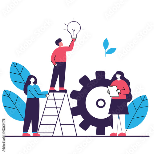Creative Business Teamwork and Innovation – Vector Illustration of Diverse People Collaborating, Communicating Ideas, and Developing Solutions with Light Bulbs, Gears, and Modern Devices.