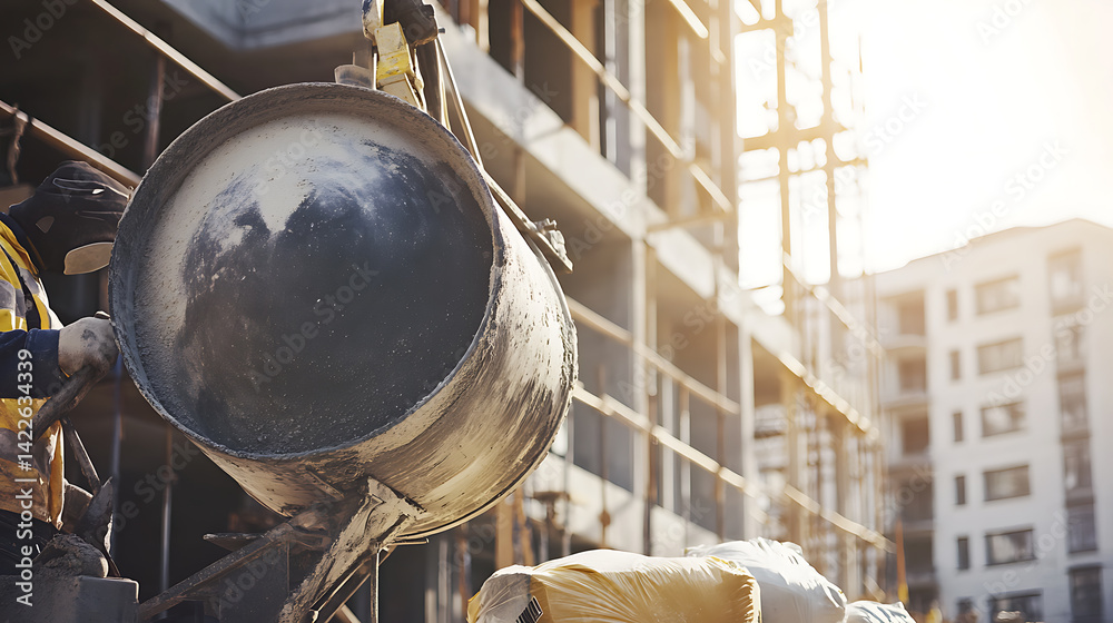 Construction Worker Operating a Concrete Mixer at a Building Site