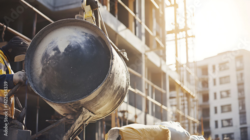 Obraz na płótnie Construction Worker Operating a Concrete Mixer at a Building Site w salonie
