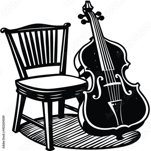 Woodcut Illustration of a Chair and Upright Bass: Vintage Musical Instrument Art, Black and White Graphic Design, Home Decor Print