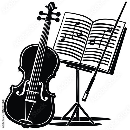 Violin and Sheet Music Stand Black and White Vector Illustration: Musical Instrument, Classical Music, Orchestra, String Instrument Art