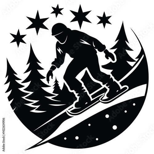 Snowboarding Silhouette Vector: Winter Sport, Snowboarder, Trees, Stars, Black and White Graphic Illustration