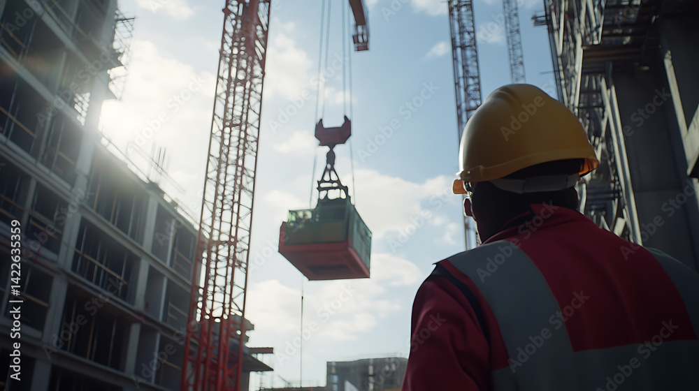 Construction Worker Overseeing Crane Operation