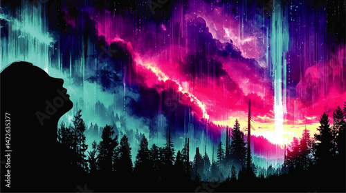 Mesmerizing Vector Illustration of Silhouette Woman Gazing at Starry Night Sky with Vibrant Colors Surreal Cosmic Northern Lights and Majestic Forest Landscape Scene