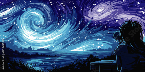 Mesmerizing Vector Illustration of Girl Observing Beautiful Starry Night Sky with Swirling Galaxy Over Serene Sea Illuminated Calm Night Landscape Scene in Blue Hues