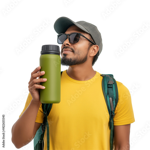 Young man in yellow shirt with backpack holding green thermos isolated on white background
