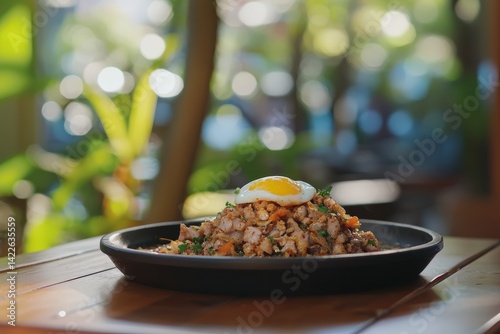 Sizzling Pork Sisig Dish Topped with Raw Egg on Wooden Table