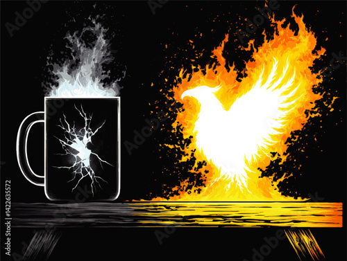 Dramatic Vector Illustration of Fiery Phoenix Rising from Flames Beside a Shattered Cracked Coffee Mug with Smoke Symbolizing Rebirth Power and Creative Awakening