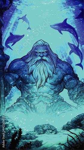 Powerful Ancient Ocean God Underwater Illustration with Mystic Blue Sea Background Majestic Dolphins Magical Trident Fantasy Warrior Art Legendary Aquatic Hero Scene