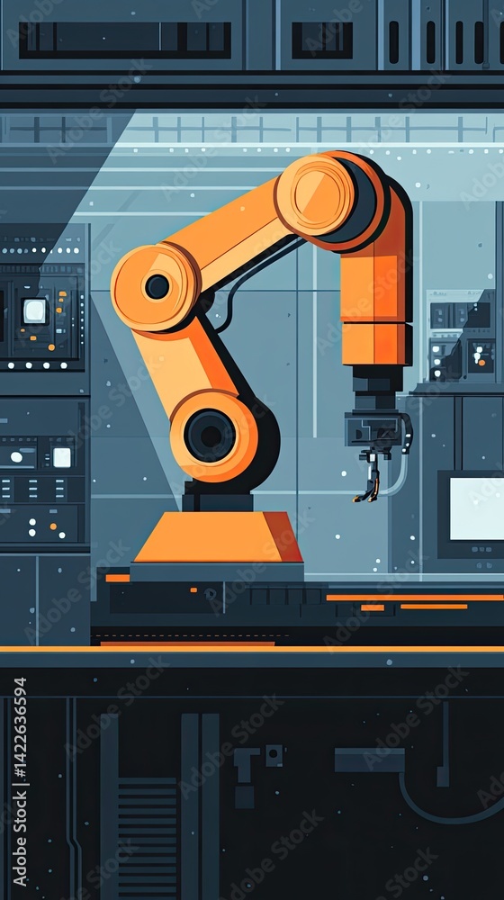 Orange Robotic Arm in Futuristic Industrial Environment Orange Robotic Arm in Futuristic Industrial Environment