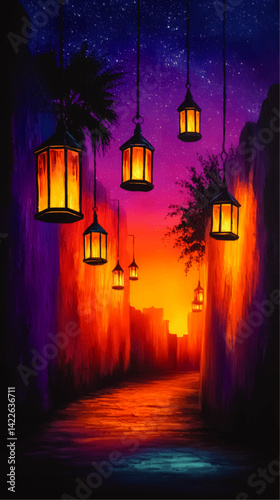 Magical Night Scene Illustration of Glowing Lanterns Hanging Above a Mystic Alley with Starry Purple Sky and Warm Vibrant Colors evoking Fantasy and Mysterious Mood