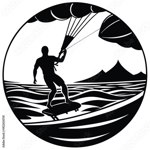 Black and White Kiteboarder Silhouette Illustration: Water Sport, Ocean, Mountain, Kiteboarding Graphic, Vector Design
